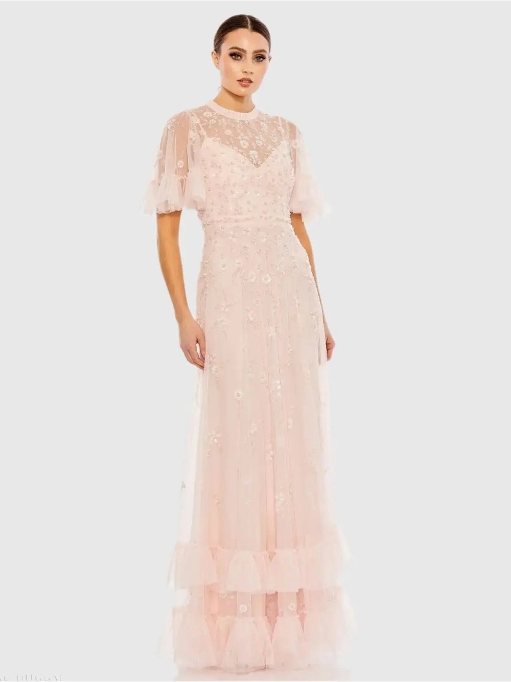 Mac Duggal 9199 Pink Ruffled Floral Embellished Flutter Sleeve A-Line Gown Sz 4